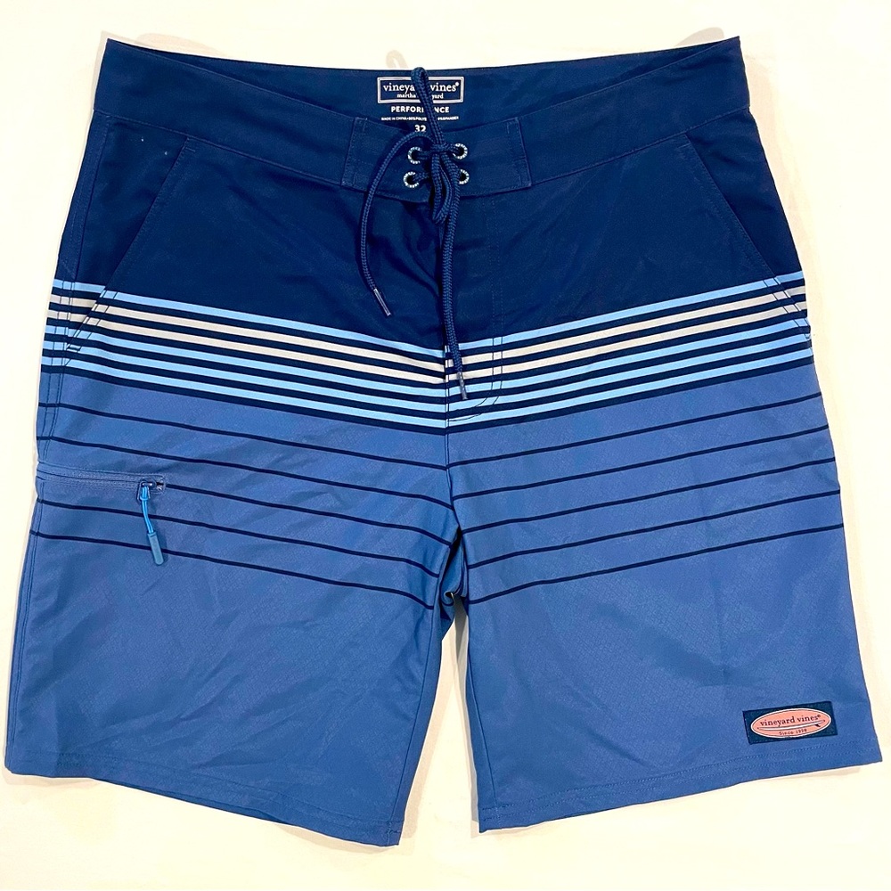Vineyard Vines Board Shorts Mens 32 Striped Stretch Blue Navy Velcro Swim Trunks